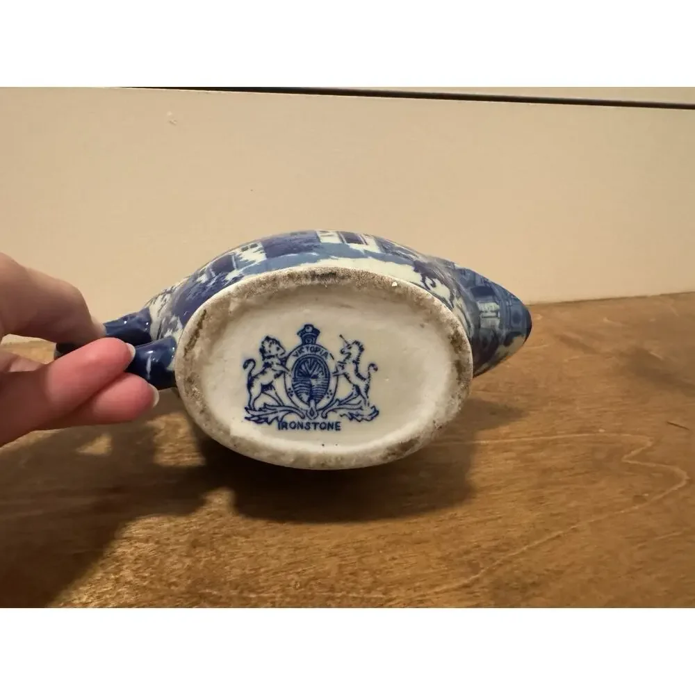 Vintage Flow Blue Victoria Ironstone English Village Shaving Scuttle Mug